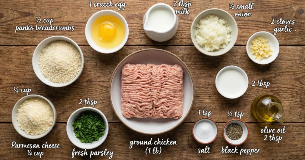 Chicken Meatballs Ingredients: Ground chicken – 1 lb (450 g) Use fresh, not frozen Breadcrumbs – ½ cup Plain or panko for crisp texture Egg – 1 large Helps bind the mixture Milk – 2 tbsp Adds softness and moisture Onion – ½ small, finely grated Keeps meatballs juicy Garlic – 2 cloves, minced Boosts flavor Parmesan cheese – ¼ cup Adds richness and umami Fresh parsley – 2 tbsp, chopped Fresh aroma and color Salt – 1 tsp Adjust to taste Black pepper – ½ tsp Adds mild spice Olive oil – 2 tbsp For cooking or brushing before baking