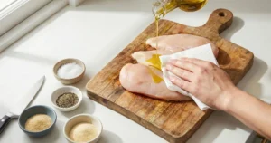 A bright, clean kitchen countertop scene. Raw chicken breasts on a wooden cutting board, visible trimmed edges. A hand patting the chicken dry with a paper towel. Small bowls of salt, black pepper, garlic powder, and onion powder nearby. Olive oil being drizzled over the chicken.
