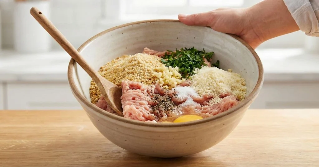 A bright, clean kitchen scene showing a large ceramic mixing bowl filled with raw ground chicken, breadcrumbs, grated Parmesan, minced garlic, chopped parsley, egg, salt, and black pepper. A wooden spoon resting in the bowl as ingredients are gently mixed by hand.