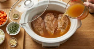 A slow cooker on a kitchen counter with seasoned chicken breasts placed inside. Chicken broth being poured in, filling the pot halfway. The chicken is visible above the liquid. Ingredients neatly arranged nearby.
