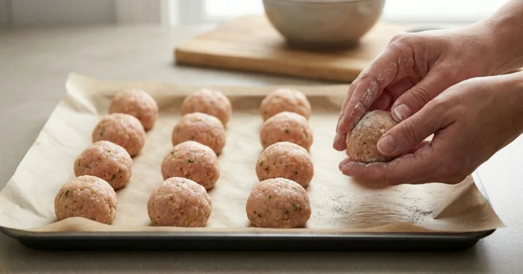 Close-up of evenly shaped raw chicken meatballs arranged on a parchment-lined baking sheet. Hands lightly rolling one meatball in the foreground.