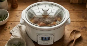 A crockpot with the lid on, gently steaming, set on a kitchen counter. A digital display showing low heat cooking. Soft steam rising subtly.