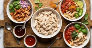 A bowl of shredded chicken with multiple flavor variations displayed side by side: one with barbecue sauce, one with salsa and taco seasoning, one with marinara and herbs. Colorful sauces, fresh herbs, vibrant presentation.
