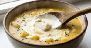 Cream cheese or heavy cream being stirred into hot potato soup, creamy swirls melting smoothly, wooden spoon mixing