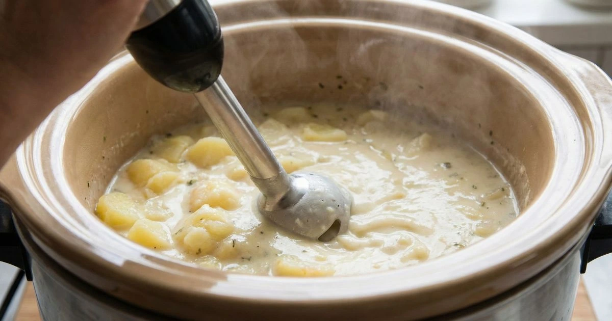 Cooked potatoes inside crockpot being blended with immersion blender for smooth soup, creamy texture forming, alternative scene with potato masher for chunky texture