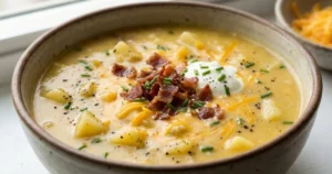 Shredded cheddar cheese melting into potato soup, crumbled bacon sprinkled on top, thick hearty texture, indulgent loaded potato soup