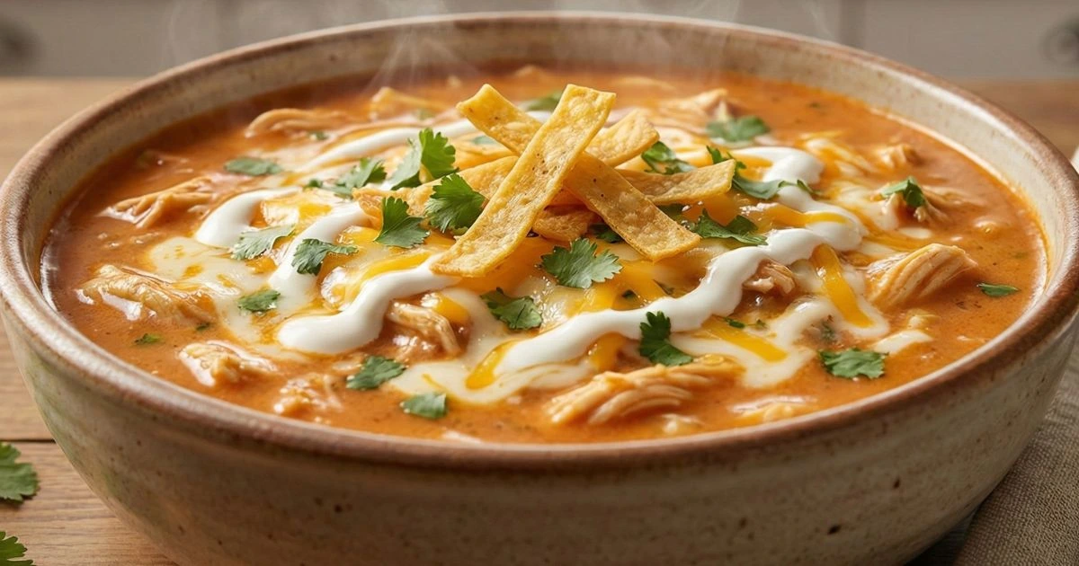 Creamy Chicken Enchilada Soup, served hot in a rustic ceramic bowl.