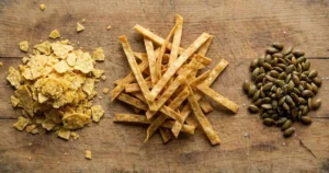 Tortilla strips Crushed tortilla chips Toasted pepitas (pumpkin seeds)