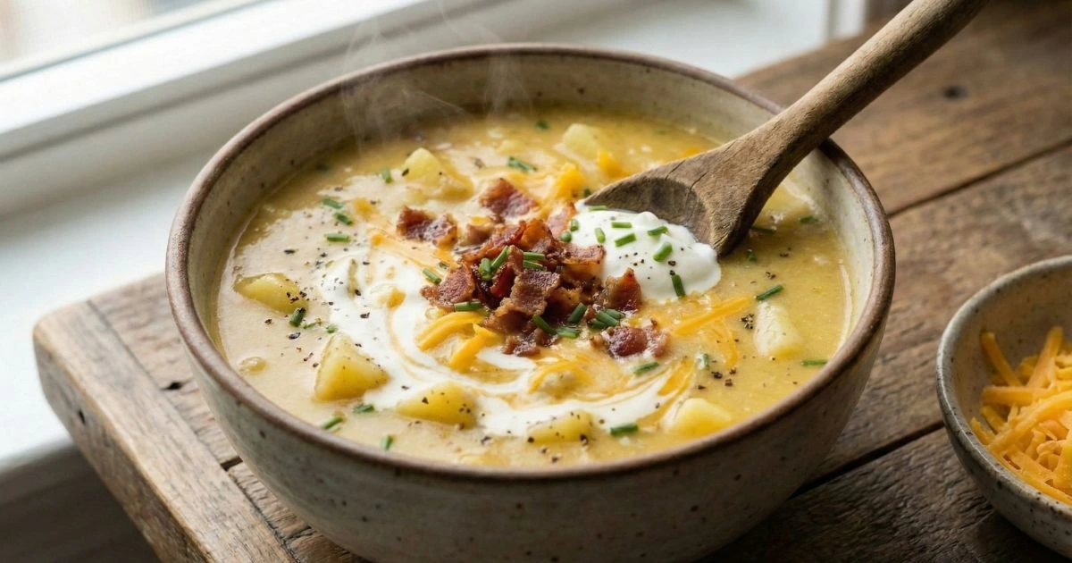 Bowl of loaded potato soup garnished with chopped green onions, sour cream swirl, extra shredded cheese, served with spoon on rustic table, cozy comfort food presentation