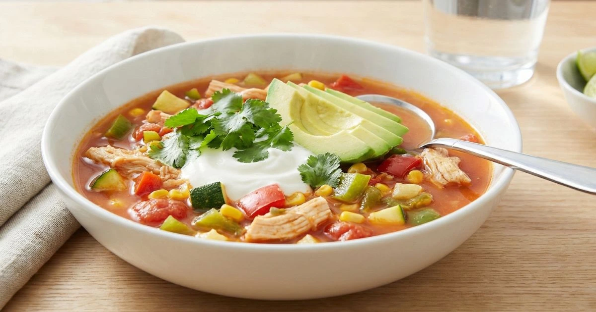 Healthy Chicken Enchilada Soup, made with lean chicken breast.