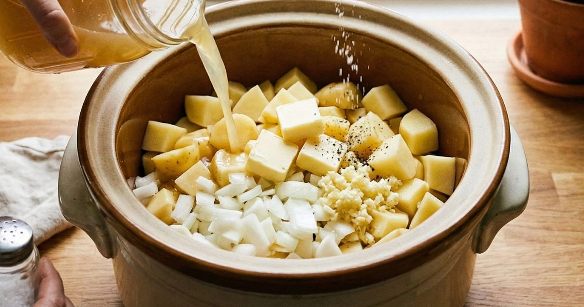 Crockpot on kitchen counter being filled with raw diced potatoes, chopped onions, minced garlic, cubes of butter, pouring broth, salt and pepper sprinkled, cozy slow cooker meal prep.