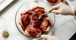 chicken thighs in a glass bowl being coated with thick chipotle marinade