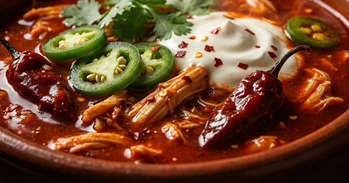 Spicy Chicken Enchilada Soup, deep red enchilada broth with shredded chicken, jalapeños, chipotle peppers in adobo, and chili flakes floating on top. Garnished with cilantro and a swirl of sour cream.