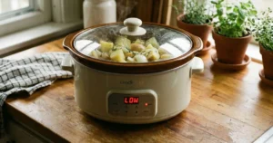 Crockpot with lid on, gently steaming, slow cooker set to low heat, cozy kitchen atmosphere, potatoes cooking inside.
