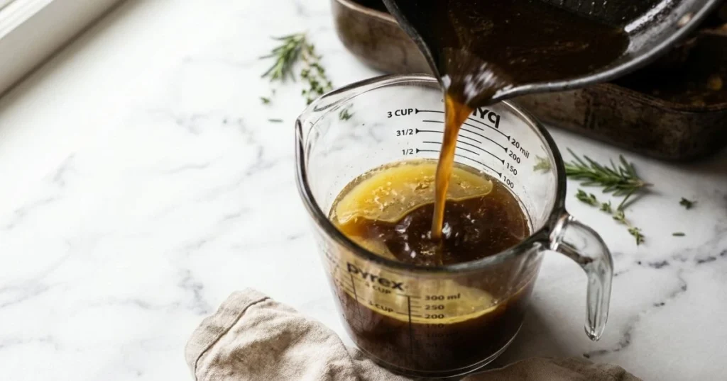 Close-up overhead shot of beef pan drippings being poured into a clear glass measuring cup on a white marble countertop, natural window lighting, fat layer visibly separating at the top, roasting pan slightly visible in background, warm brown tones, food photography style, shallow depth of field