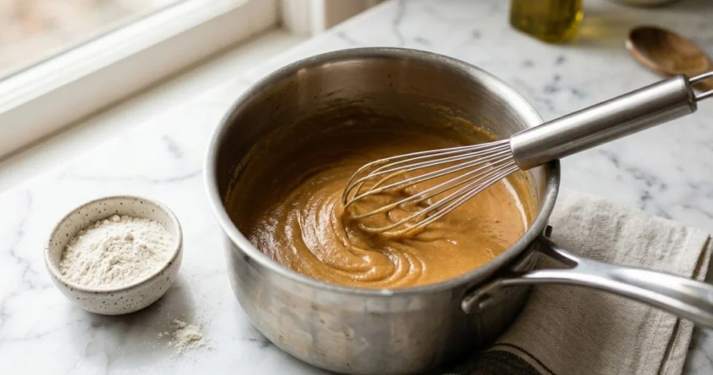 a whisk stirring golden-brown roux in a stainless steel saucepan on a white marble countertop, natural window lighting, smooth paste texture visible, small bowl of flour nearby, warm brown and cream tones