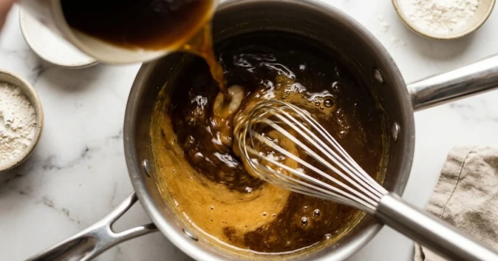 beef broth being poured into golden roux in a stainless steel saucepan on a white marble countertop, whisk in motion, natural window lighting, glossy sauce beginning to thicken, warm brown tones