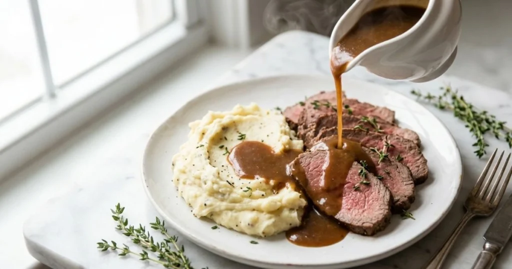 rich brown gravy being poured from a gravy boat over sliced roast beef and mashed potatoes on a white plate, white marble countertop, natural window lighting, steam rising, garnished with fresh thyme, warm brown and cream tones