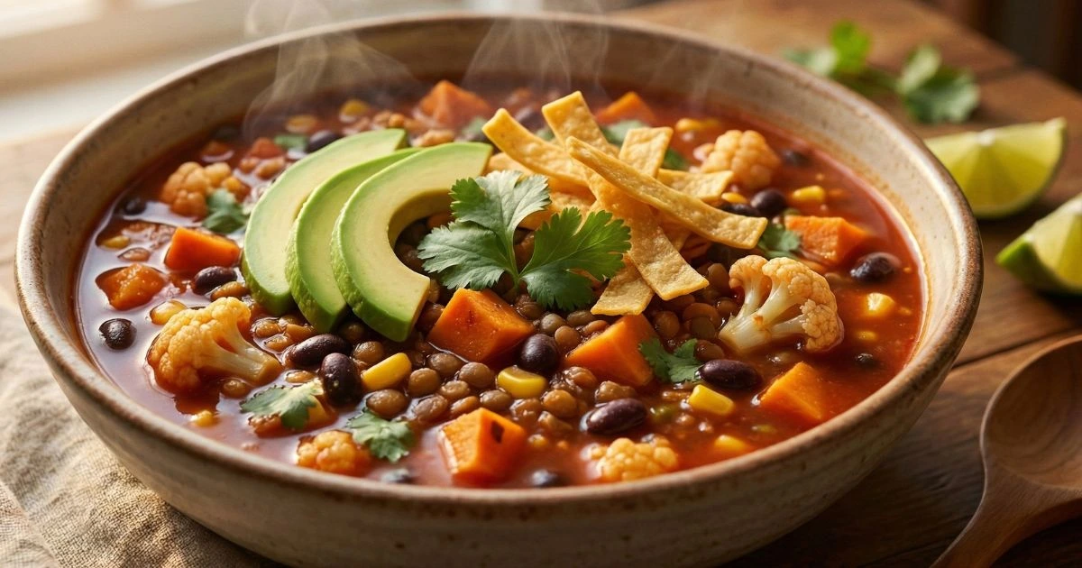 vegetarian Enchilada Soup, packed with black beans, lentils, sweet potatoes, cauliflower, and corn in a rich red enchilada broth. Served in a rustic bowl with avocado slices, cilantro, and tortilla strips on top.