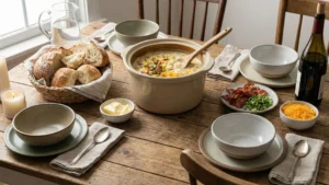 A family-style serving scene, soup, bread, and a rustic table setting.