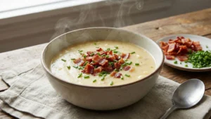 A steaming bowl of potato soup topped with bacon and chives.