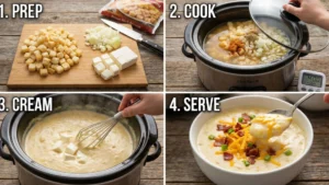 A step-by-step photo collage showing preparation and creamy texture