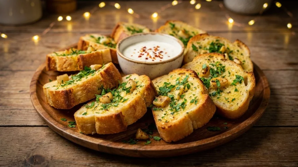 arranged platter of homemade garlic bread