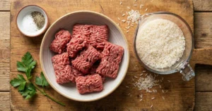 ingredients, Meat & Base for Cheesy Hamburger Rice Casserole