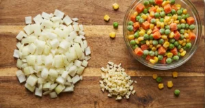 ingredients, Veggies & Flavor Boosters for Cheesy Hamburger Rice Casserole