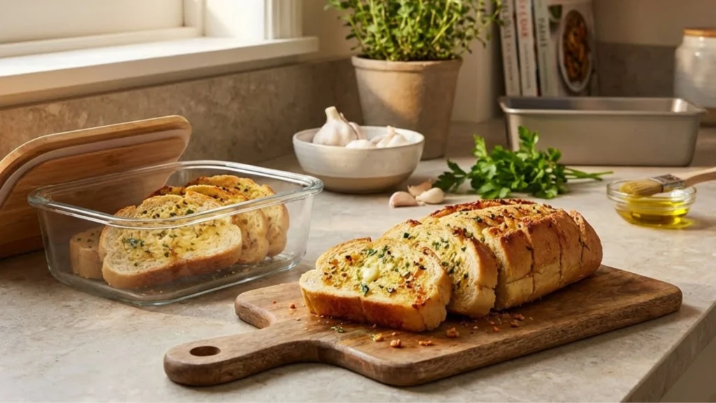 featuring homemade garlic bread being stored