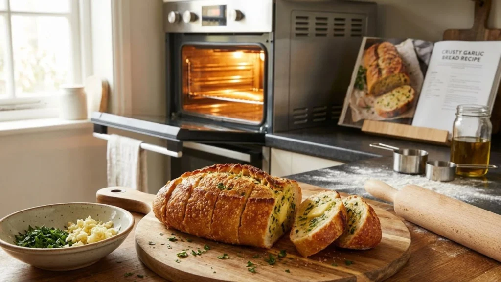 kitchen scene focused on baking crusty garlic bread