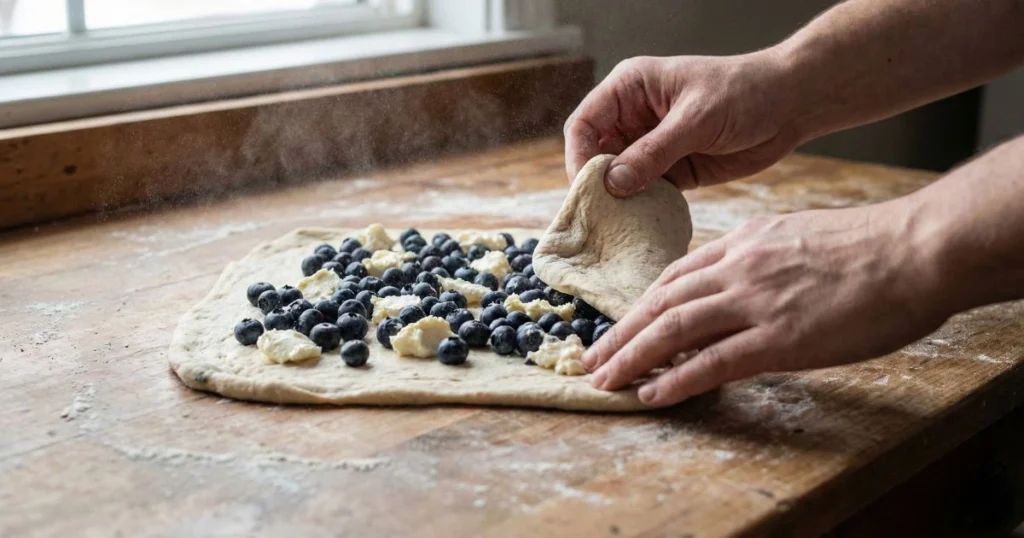 sourdough dough stretched into a thin rectangle on a lightly floured wooden surface, topped with fresh blueberries and small dollops of cream cheese evenly scattered across the dough. Hands gently folding the dough, blueberries visible, slight flour dust in the air.