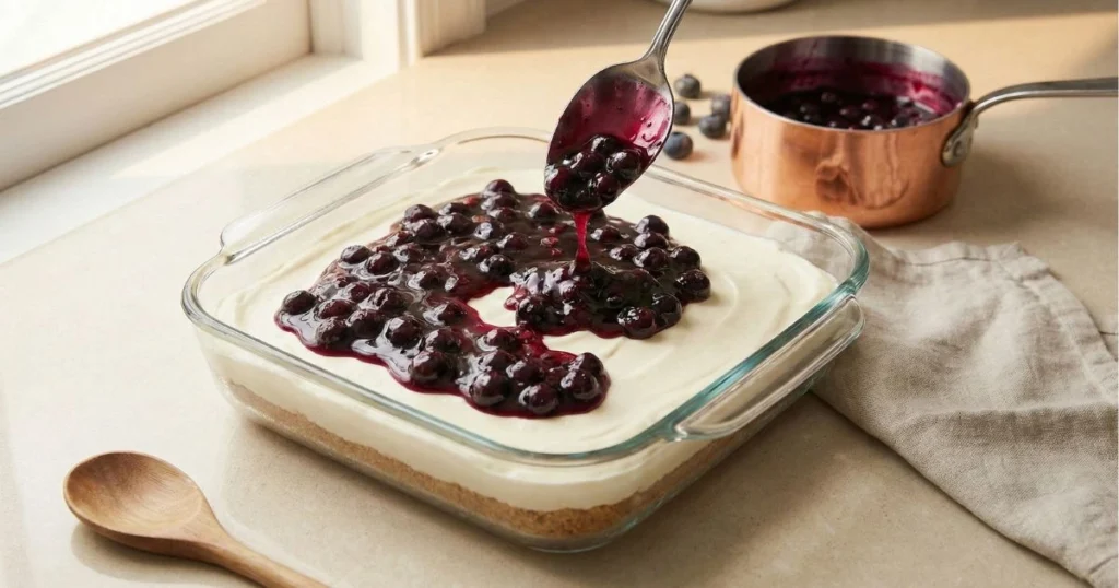 glossy blueberry topping being spooned over a smooth cream cheese layer in a baking dish.