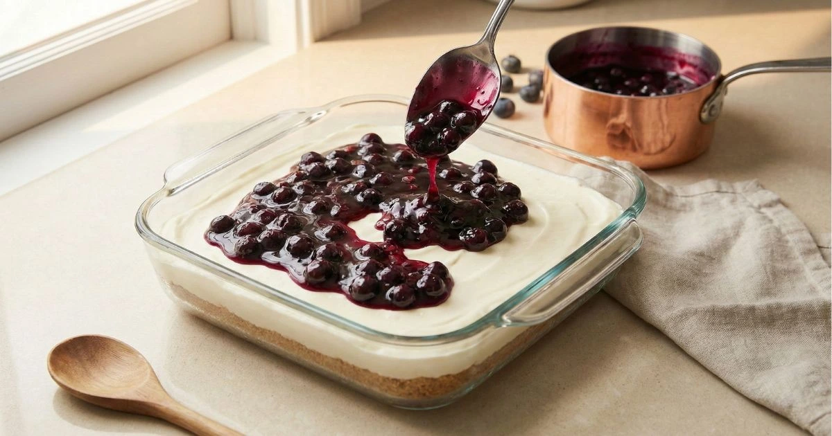 glossy blueberry topping being spooned over a smooth cream cheese layer in a baking dish.