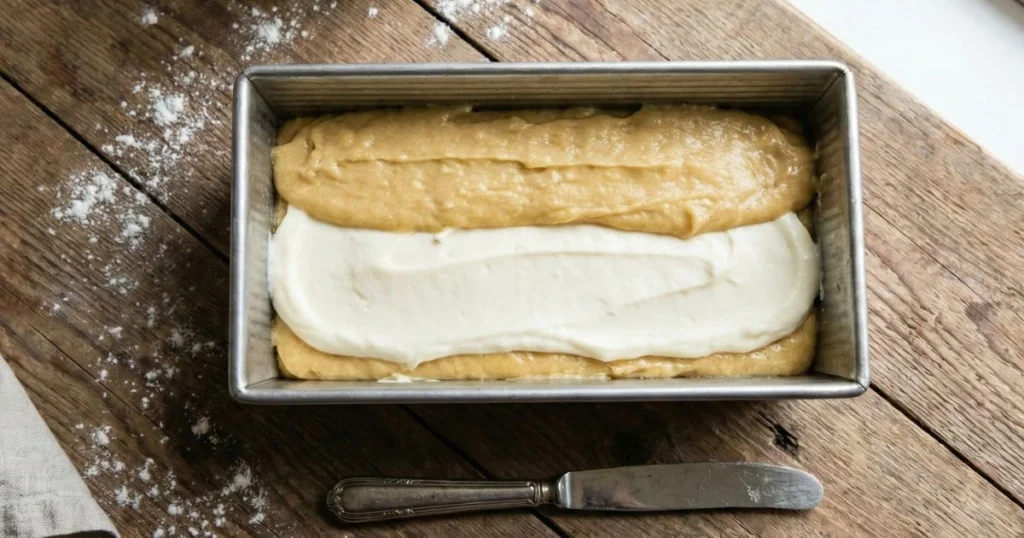 An overhead shot of a loaf pan on a kitchen counter with visible layers: batter spread on the bottom, a thick cream cheese layer in the center, and more batter on top, a butter knife nearby for optional swirling.