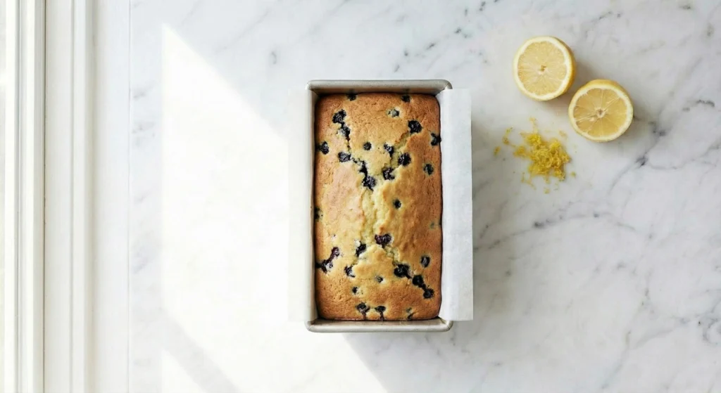 baked golden lemon blueberry loaf in a loaf pan.