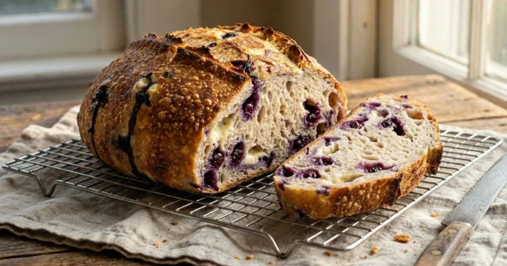 A freshly baked blueberry cream cheese sourdough loaf resting on a cooling rack, golden brown crust with natural cracks and hints of purple blueberry bursts. One slice cut open to reveal a soft crumb with visible blueberries and creamy pockets.