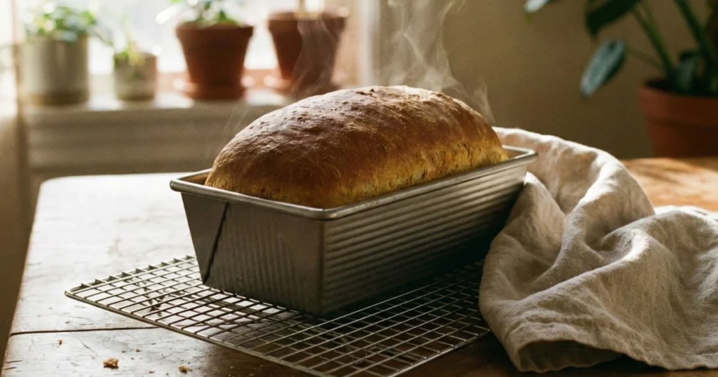 A freshly baked loaf resting in its pan on a wire cooling rack.