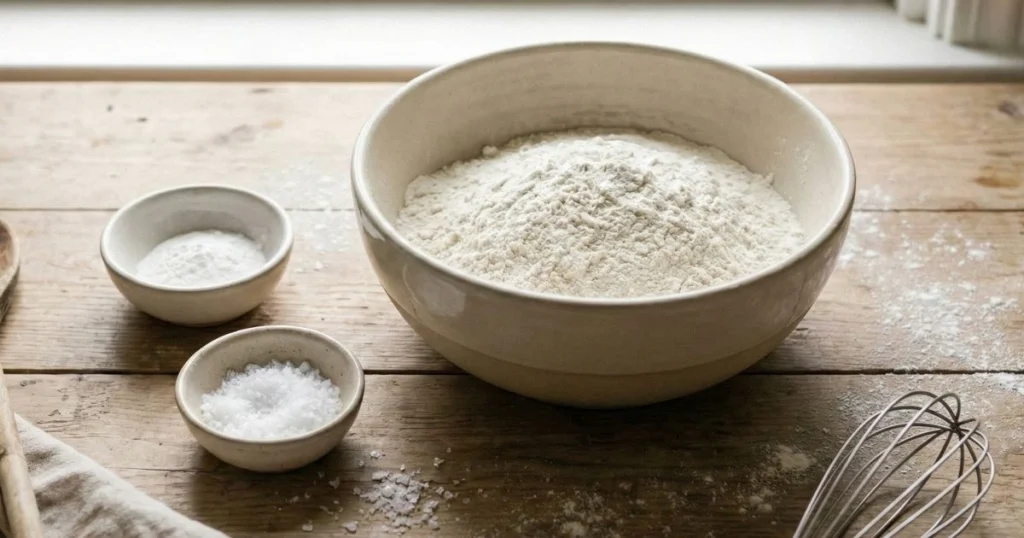 A flat-lay food photography shot of dry baking ingredients arranged neatly: a bowl of all-purpose flour, baking powder, and salt in small ceramic bowls, wooden spoons nearby, light dusting of flour on a wooden countertop.