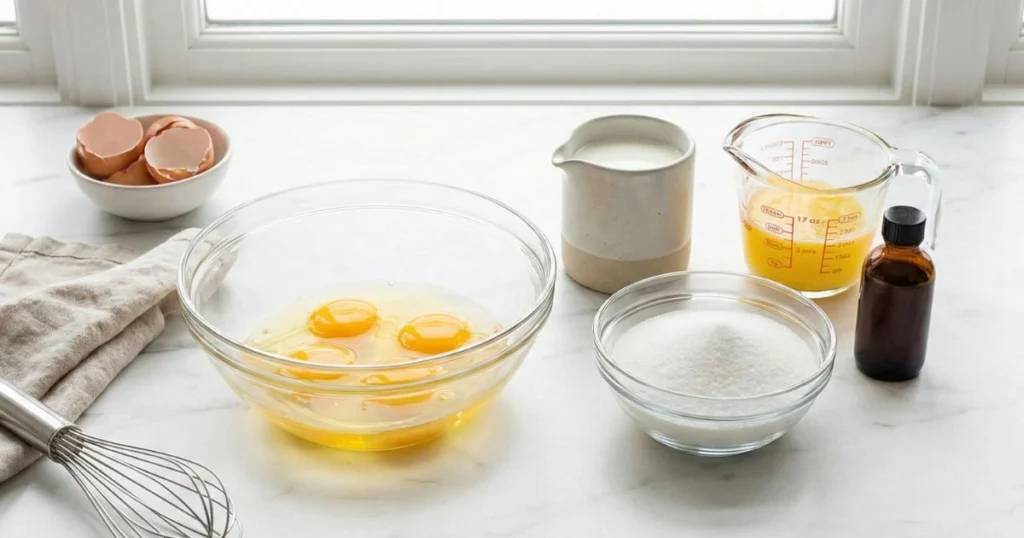 A bright kitchen scene featuring wet baking ingredients: cracked eggs in a bowl, granulated sugar in a glass bowl, a small jug of milk or sour cream, melted butter or neutral oil in a glass cup, and vanilla extract, arranged neatly on a marble countertop.
