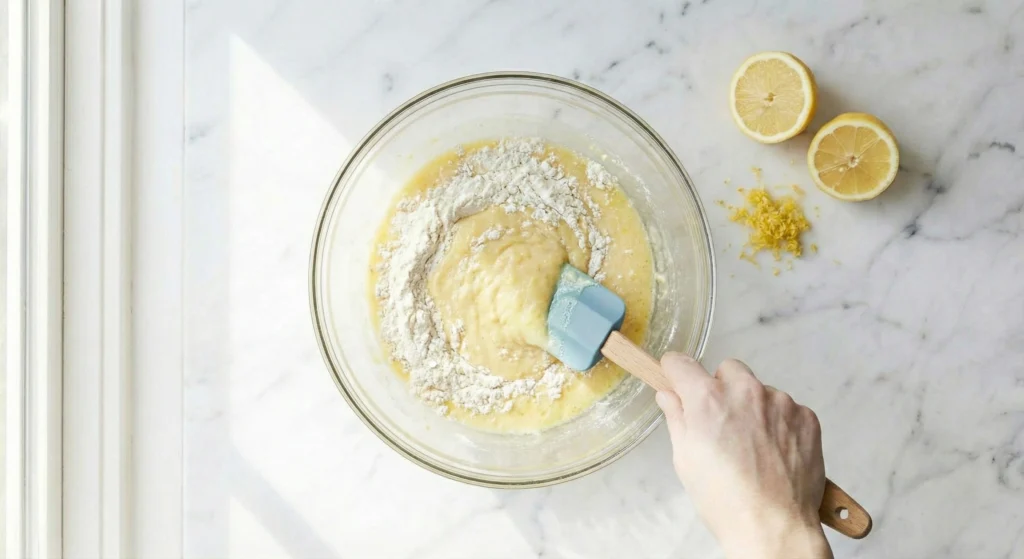 dry ingredients being gently folded into wet batter with a silicone spatula, slightly lumpy batter visible, close-up angle.
