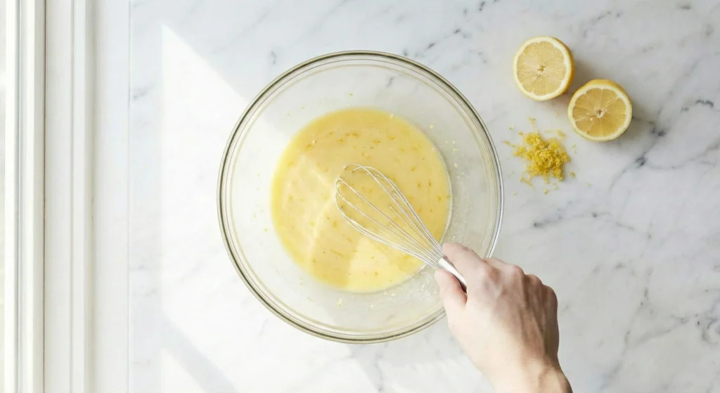 a large glass mixing bowl with eggs, sugar, oil, yogurt, lemon juice, and lemon zest being whisked into a smooth glossy mixture, fresh lemons on the counter.