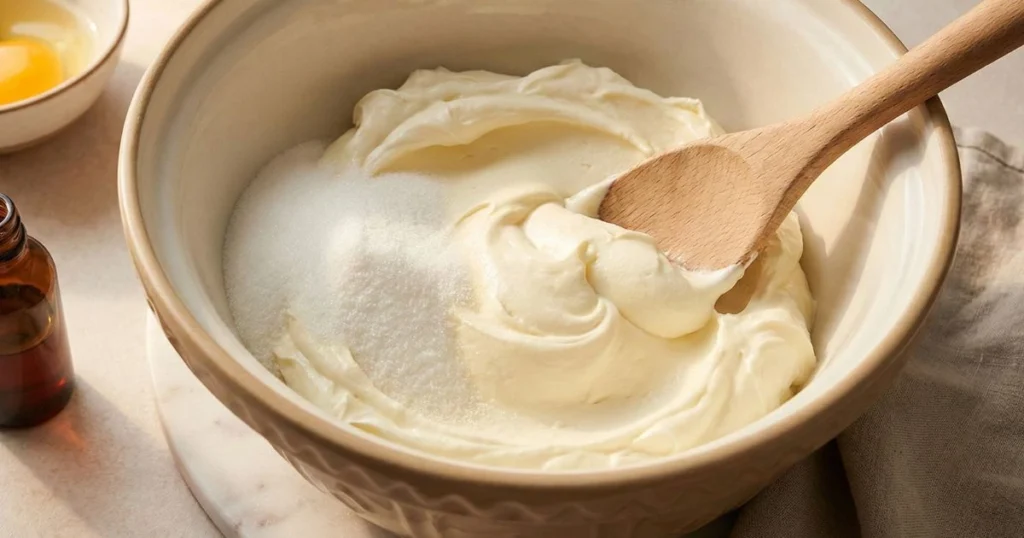 a creamy cheesecake filling setup: softened full-fat cream cheese in a mixing bowl with sugar, an egg or egg yolk nearby, and a small bottle of vanilla extract.
