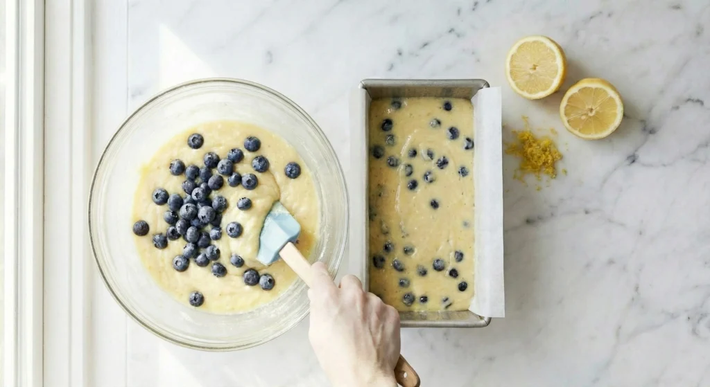 fresh blueberries being gently folded into lemon batter with a spatula, loaf pan filled with batter on the counter.
