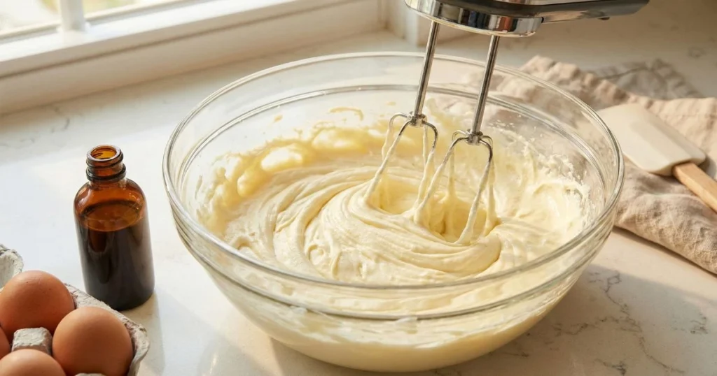 softened cream cheese being beaten with sugar in a large mixing bowl.