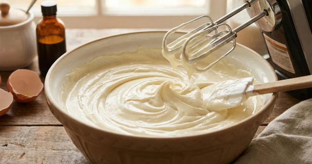 A close-up of a bowl with smooth, creamy cream cheese filling being beaten with sugar, egg, and vanilla, visibly glossy and lump-free, hand mixer or spatula nearby.