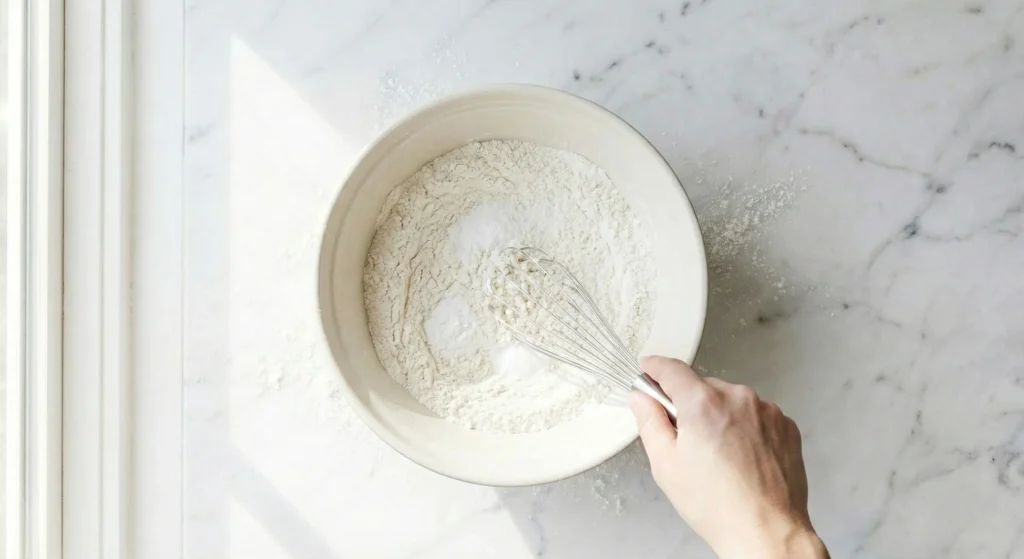 a medium ceramic bowl with flour, baking powder, and salt being whisked together, metal whisk in motion.