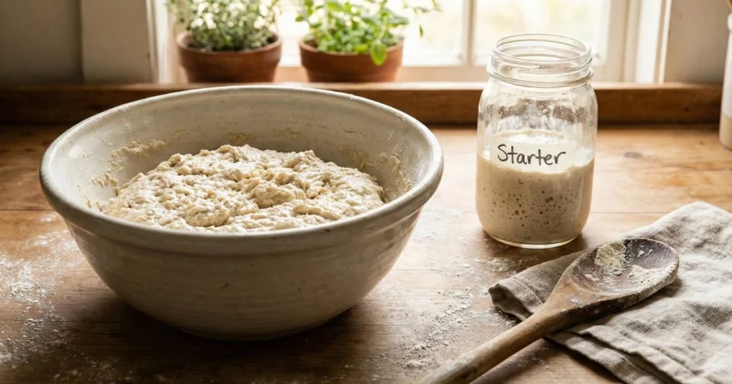 a large ceramic bowl filled with freshly mixed sourdough dough, slightly shaggy and hydrated, resting on a wooden countertop. A glass jar of bubbly sourdough starter sits nearby, along with a wooden spoon dusted with flour.