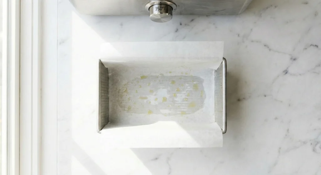 a standard loaf pan lined with parchment paper resting on the counter