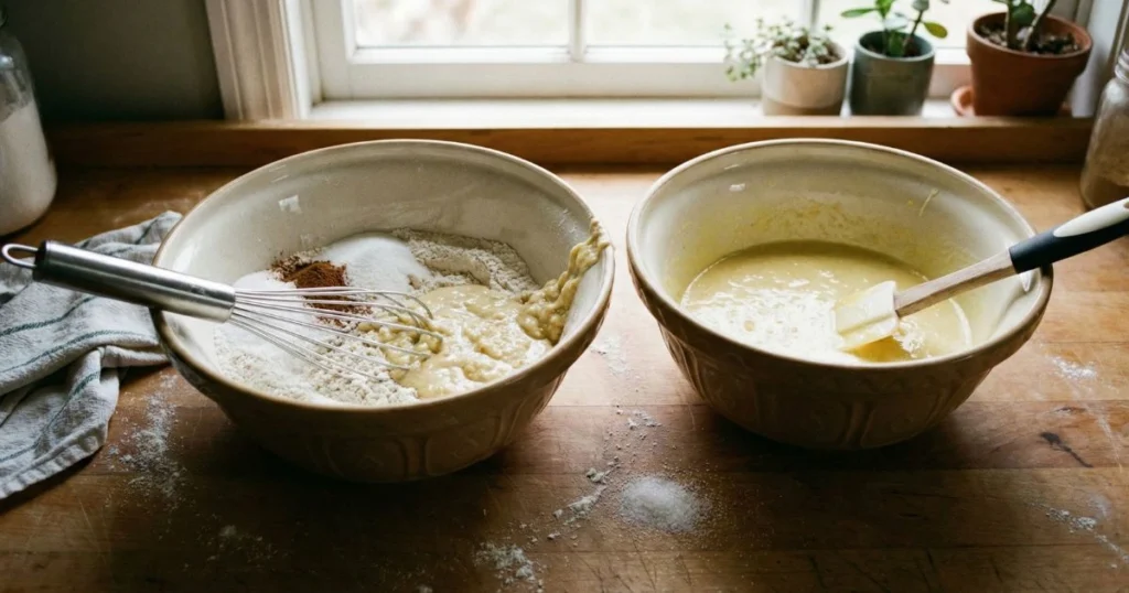 A bright kitchen work surface showing two mixing bowls side by side: one with whisked dry ingredients and one with smooth wet ingredients, a whisk resting inside, ingredients partially combined but not overmixed.